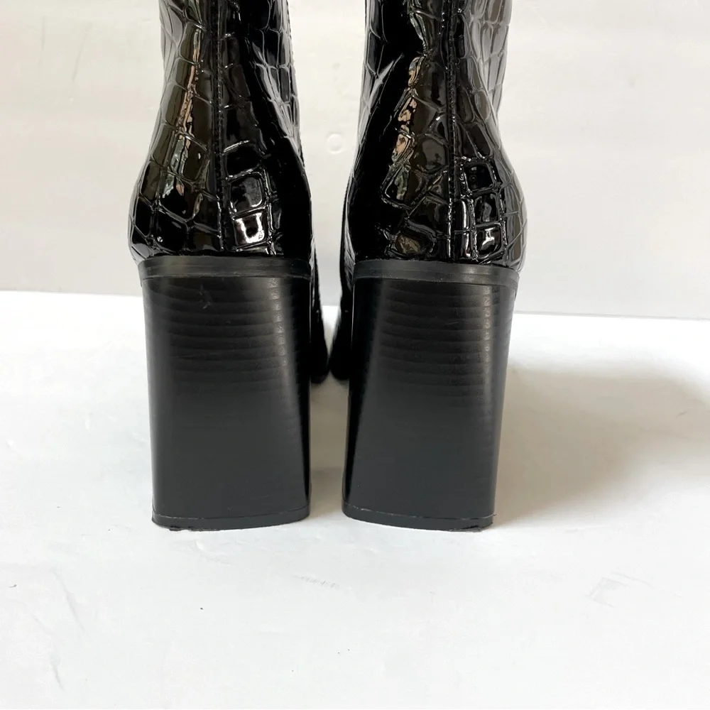 Nasty Gal Faux Leather Black Patent Croc Flared Heeled Ankle Boots Size 8